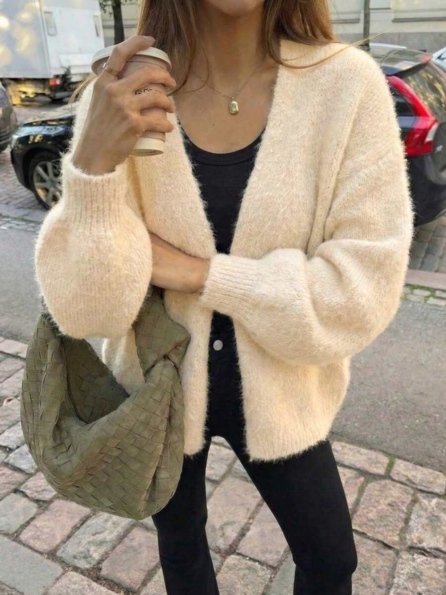 Nuevo suéter de punto de manga larga holgado de unicolor para otoño/invierno, elegante y sencillo, cárdigan oversize, suave y cálido, adecuado para el uso diario, chaqueta de punto esencial para Año Nuevo - Albaricoque - Ver 1