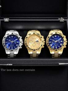 四件套男士时尚商务休闲腕表套装，包括大表盘圆形钢带石英表、个性化链式手链、十字架吊坠项链和戒指，适合作为礼物、各种场合和日常佩戴。