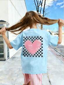 1件少女爱心印花短袖T恤，舒适时尚的夏季上衣，适合年轻学生 - 藍色 - 查看 2