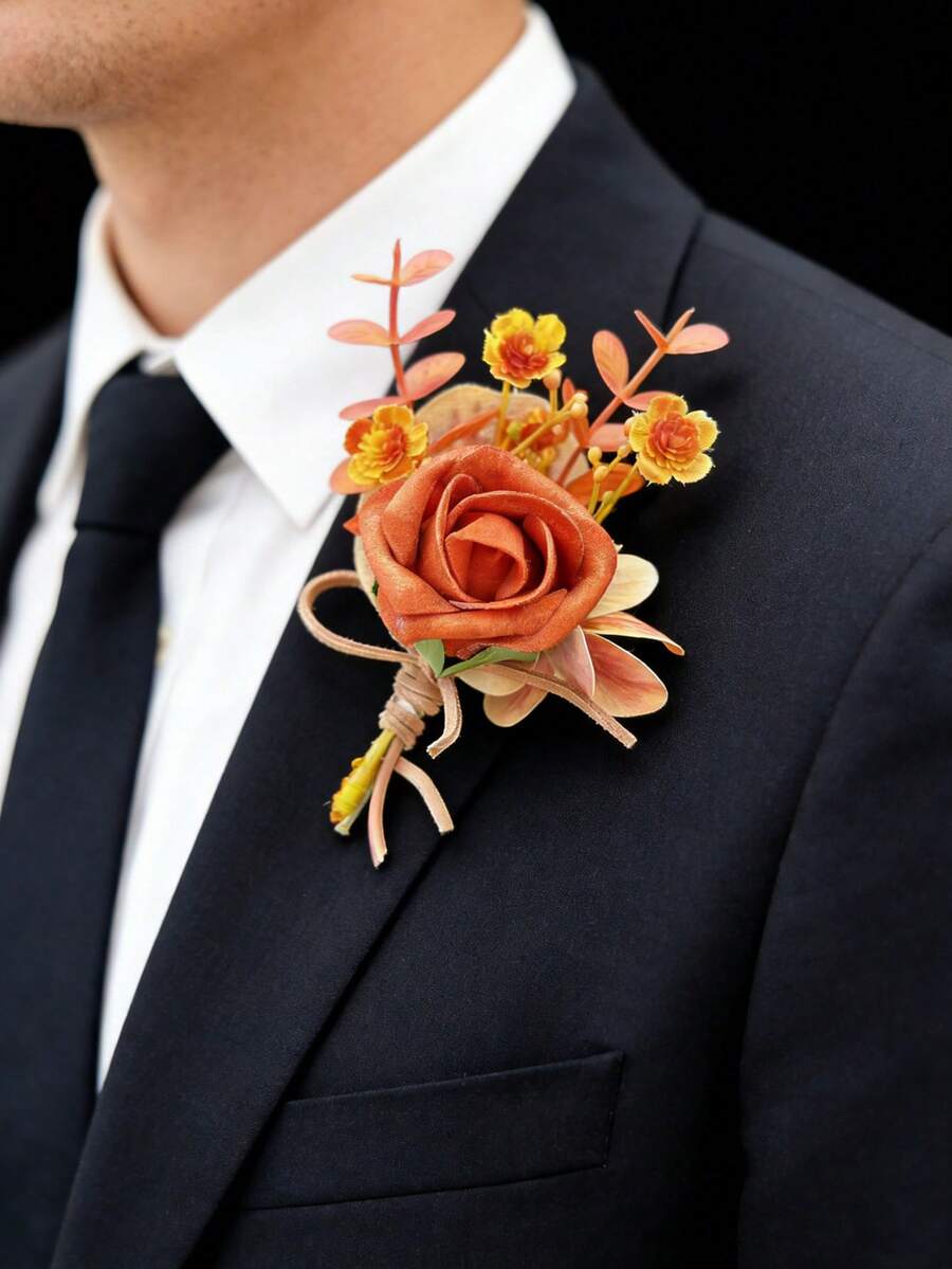 1朵/6朵人造PE玫瑰花新郎胸花男士兄弟腕花毕业别针西装婚礼鲜花派对装饰 - 亮橙色 - 查看 1