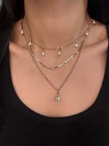 1 Stück Wassertropfen Anhänger Halskette für Frauen, mehrlagige Kette Choker, modischer weiblicher Party Glanz Schmuck Geschenk - Goldgelb - Übersicht 6