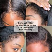 4B&4C 蓬松卷曲边缘隐形绑带蓬松直发 250 密度 13x6 深分缝高清透明蕾丝前额假发 真人发 即戴即用 无胶抽绳巴西柔软蓬松直发假发 女士专用 预先拔毛 带有卷曲婴儿发，如同您自己的头发 - Natural Black - 查看 3