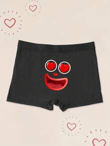 Men's Black Boxer Briefs With Smiling Face Print, Elastic Comfortable Everyday Underwear - Black - View 3