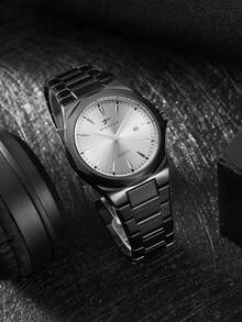 RICECGO 1pc Men's Black Wrist Watch With Stripe Markings, Business Date Quartz Watch, Gift For Party, Wedding, Beach, Valentine's Day - Black - View 9