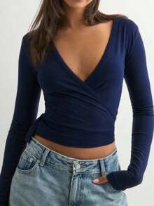 Women's Deep V Neck Wrap Blouse Long Sleeve Regular Fit Top With High Stretch Fabric - Navy Blue - View 1