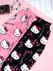 Official Sanrio Flannel Pajamas, Cute Hello Kitty Ladies' Casual Lounge Pants, Pink Cartoon KT Print, Fashionable Sleepwear For Autumn - Pink - View 3