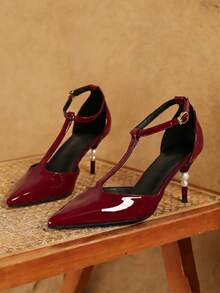 女士独特搭扣镂空高跟尖头优雅性感百搭细高跟鞋 - 酒紅色 - 查看 4