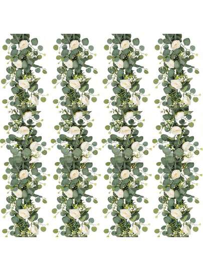 人造尤加利花环，搭配白玫瑰、满天星，绿色花卉花环，适用于婚礼、派对中心装饰、桌旗、背景墙装饰、生日、毕业典礼等场合，可作礼物或装饰摆设。