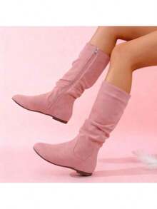 2025 New Women's Solid-Color Fashion Boots: Minimalist Round Toe, Flat Heel & Side-Zip Design-Versatile Mid-Calf & Ankle Styles For Casual Wear - 粉紅色超級款 - 查看 3