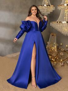 Faeriesty Plus Size Women's Elegant Off-Shoulder Formal Evening Dress - Featuring Dramatic Puff Sleeves, Bold High Slit, And Fitted Waistline - Perfect For Grand Celebrations, New Year Parties, Formal Galas, Exclusive VIP Events, And Glamorous Masquerade Balls - Royal Blue - View 6