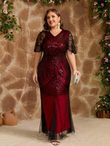 JINLICX Elegant Beaded Red Dress Asymmetrical Mesh Evening Gown - Red - View 5