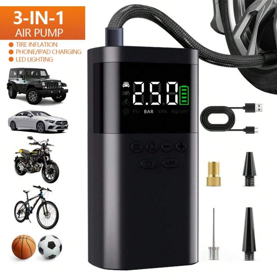 150PSI Portable Air Pump - Equipped With A Digital Pressure Gauge, USB Charging And Rechargeable Lithium-Ion Battery, LED Light, And Wireless Design; Suitable For Cars, Bicycles, Motorcycles, And Ball Items. - Digital display - 查看 1