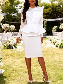 Women Valentine White Sheer Pearl Embellished Long Sleeves Asymmetrical Pleats Hem Fitted Dress Formal Occasions Wedding Guest - White - View 6