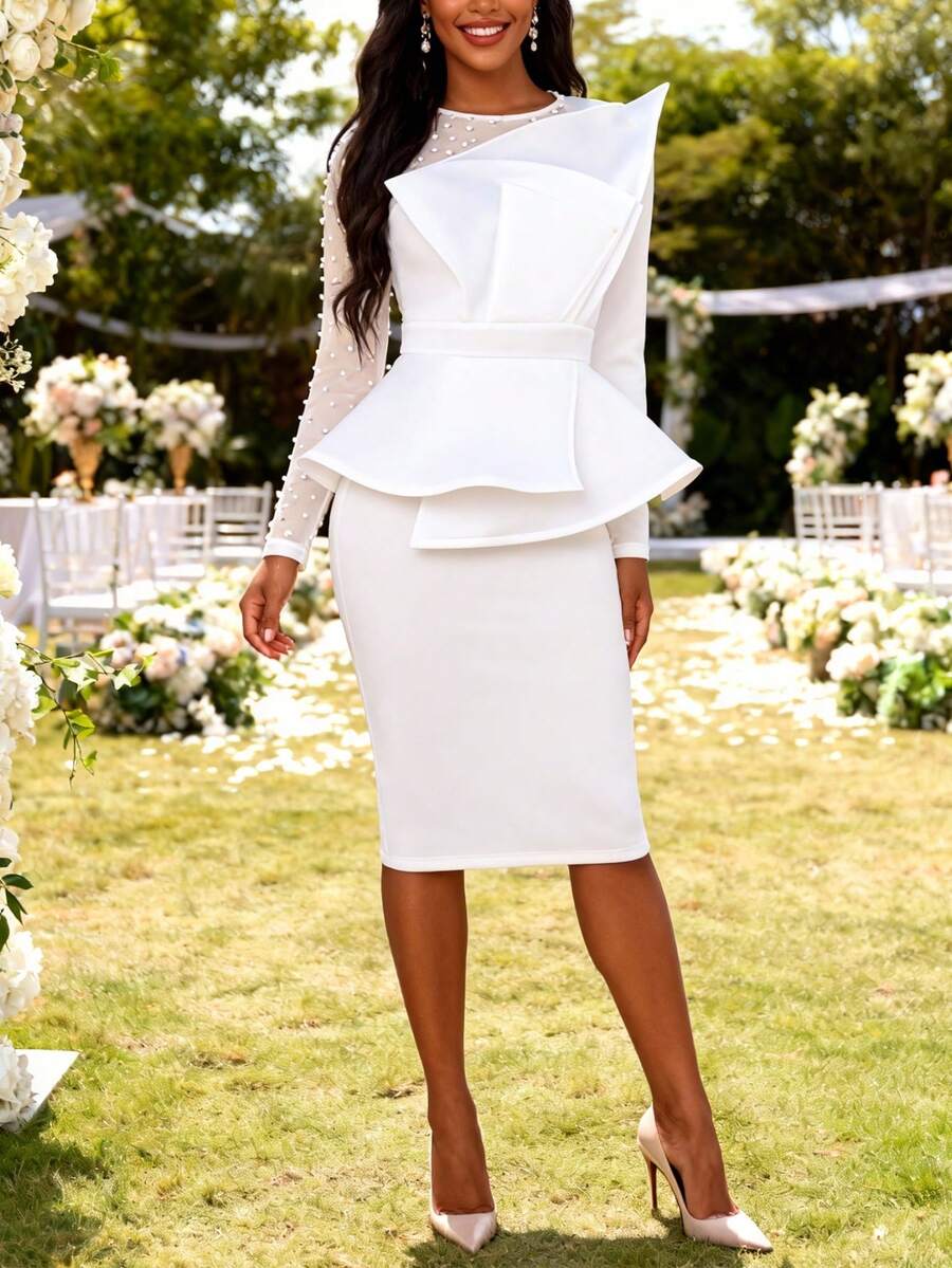 女士情人节白色薄纱珍珠装饰长袖不对称褶裥下摆修身连衣裙，适合正式场合和婚礼宾客穿着。 - 白色 - 查看 1