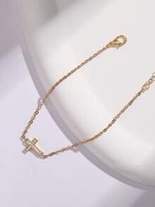 1pc Girl's Bracelet, Minimalist Micro-Inlaid Zirconia Copper Cross Bracelet, Suitable For Casual Daily Wear - Gold - View 4