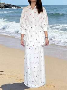 Marisole 女士新款印花长袖衬衫系带套装，时尚休闲简约优雅派对度假沙滩两件套，春夏秋冬皆宜。 - 彩色 - 查看 6