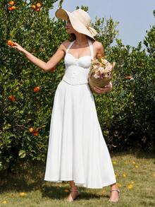 PARTHEA 优雅的无袖甜心领A字长裙，饰有荷叶边和纽扣前襟，完美打造复古或休闲造型，同时又不失露背设计。 - 白色 - 查看 8