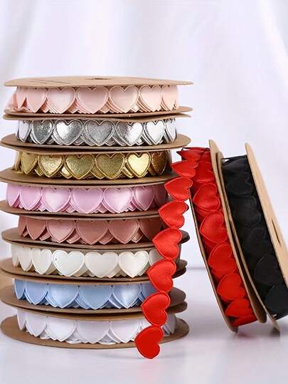 1Roll Polyester Love Ribbon, Lovely Heart Shape Embossed Webbing, 10yards Satin Lustre Ribbon For Flower Packaging Baking Gift Wedding Supplies