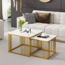 High-Gloss Square Version Marble Optical Sofa Table, Table That Can Slide One On Top Of The Other With A Gold Base, The Dimensions Are 60 * 60 * 45 Cm And 45 * 45 * 40 Cm.