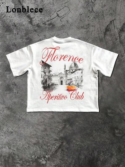 Lonblece 1 chiếc áo thun in họa tiết thời trang đường phố Mỹ mùa hè, hình phong cảnh thành phố Ý cổ điển và hình bướm, thích hợp cho trang phục thường ngày.