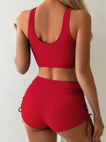 Bộ bikini nữ thời trang mới, gợi cảm, xếp ly chéo, màu đỏ, thích hợp cho kỳ nghỉ hè, đi biển. - Đỏ - Xem 2