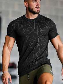 男士运动T恤，圆领，轻薄，休闲，速干运动上衣，夏季黑色 - 黑色 - 查看 5