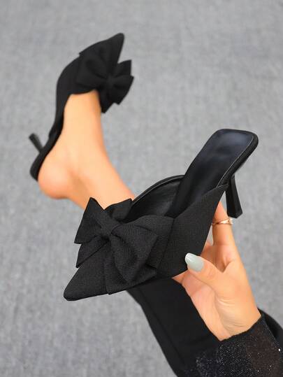 2026 New Arrival Pointed Toe Fashion Versatile Black Bow Decor Mule Shoes, Elegant Women's Stiletto High Heel Sandals Suitable For Commuting, Party, Valentine's Day Gift, Date