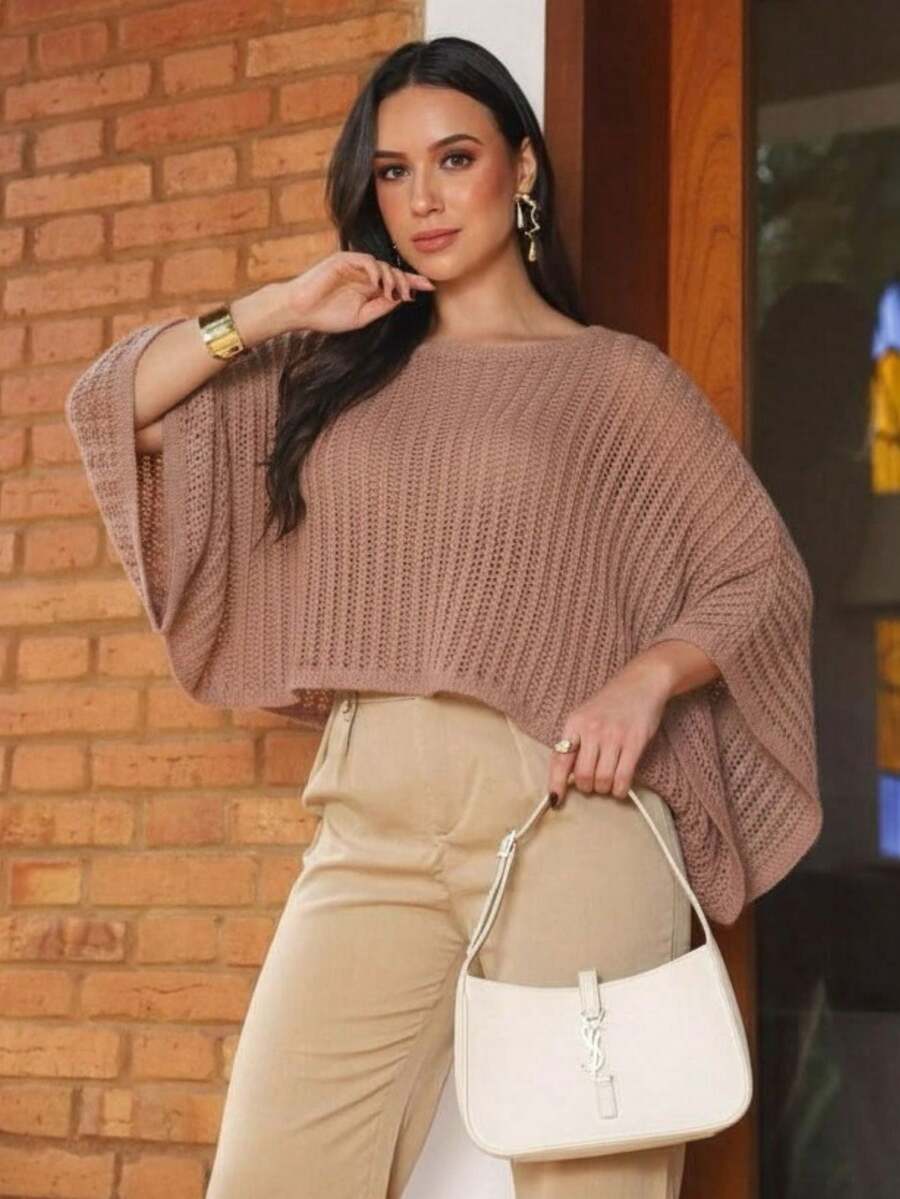 Women's Batwing Knit Cape, Stylish Fashion Poncho, Spring/Winter Knit - Beige - View 1