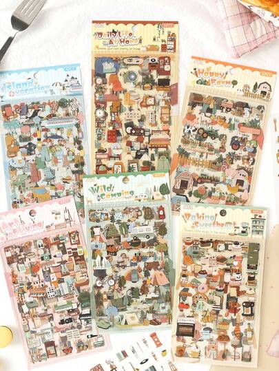 4pcs Floating Life Series Sticker Sheets, Suitable For Gifts, Office, Home, Marking, Labels, Classrooms, Toys, Student Journals, Creative Vintage Decoration DIY Stickers