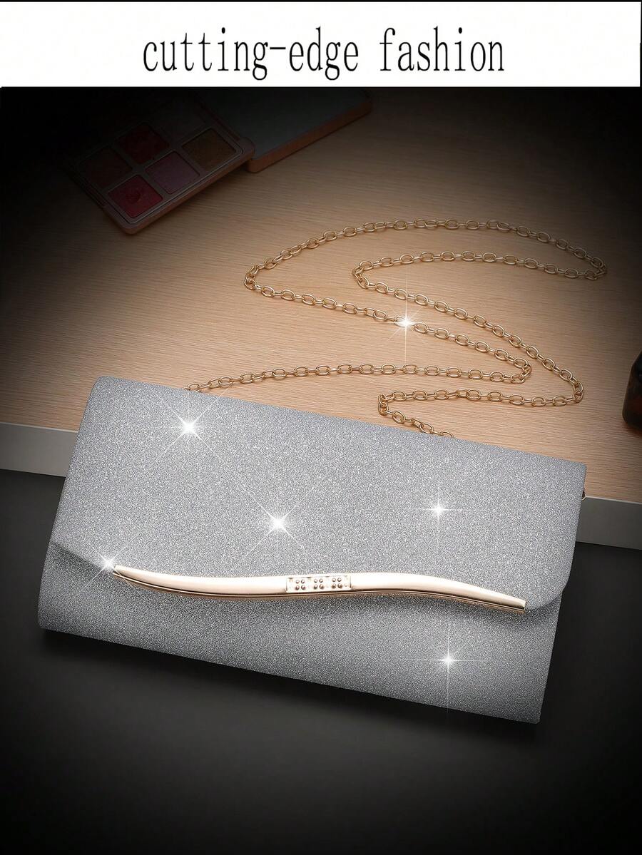 1 件时尚韩版女士金属边优雅手拿包，磁扣肩带和手提缎面派对包