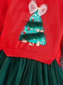 Girls' Long Sleeve Bowknot Mesh Ruffle Dress, Cute Embroidered Bowknot Decor 2 In 1 Dress For Holiday Party - Red - View 5