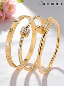 Camhanno 3件套优雅不锈钢手链套装，18k镀金百搭手链，适合日常佩戴，女士适用 - 彩色 - 查看 4