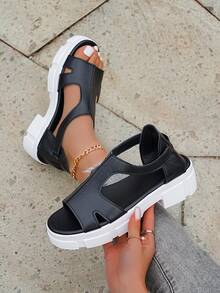 1 Pair Teens' Thick Sole Sandals, Black & White, Hollow Vamp, Hook & Loop Closure, Minimalist Versatile Women High Heel Sandals, Suitable For Daily Outing And Walking - Black - View 2