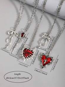 5pcs Y2K Vintage Gothic Punk Rock Style Thorn Heart Cross Rose Bow Ribbon Pendant Necklace Set, Stainless Steel Chain Necklace, Personalized Hip Hop Necklace - Red - View 4