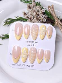 10片手工美甲贴纸，短指甲，假指甲，杏仁形指甲，法式美甲贴片，粉色指甲，红色指甲，白色指甲，黑色指甲，黄色指甲，绿色指甲，可爱指甲，新年指甲，奢华高端风格，手工3D花卉和法式波浪图案，金/银珠装饰，包含美甲工具，可重复使用，适合女性和女孩的杏仁形美甲贴纸美甲用品 - 黃色 - 查看 6