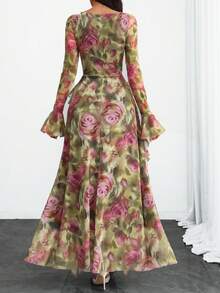 Đầm dài tay sang trọng, hiện đại, thanh lịch phong cách Y2K lãng mạn với họa tiết da báo trừu tượng, xếp nếp hai lớp, dành cho nữ, mùa xuân. - Nhiều màu - Xem 3