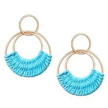 Raffia Hoop Earrings For Women Fun Boho Summer Beach Earrings Lightweight Handmade Straw Wicker Rattan Dangle Earrings Statement Geometric Round Drop Earrings - 淺藍色圓形 - 查看 2