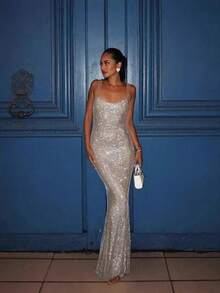 Sequin Spaghetti Strap Bodycon Dress | Sparkling Midi Party Gown | Chic Night Out Dress - 杏色 - 查看 3