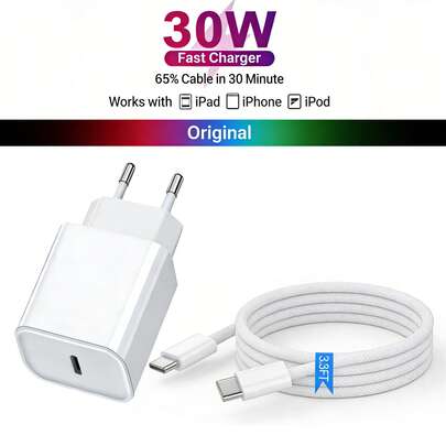 Fast Charging 30W EU C/E/F Type Plug (220-240V) Wall Charger + 3.3ft/100CM Nylon Braided Type C Cable Fast Charging Kit, Compatible With IPhone 17 Pro Max/17 Pro/Air/17, 16 Pro Max/16 Pro/16 Plus/16, 15 Pro Max/15 Pro/15 Plus/15, And Other Smartphones Valentine's Day Gift EU Plug