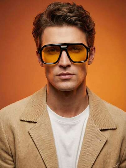 Men's Plastic Full Frame Double Bridge Metal Decor Geometric Eyeglasses, Suitable For Daily Commute, Outfit Matching, Photography, Outdoor Vacation, Also A Great Back-To-School Gift, Perfect For Halloween, Christmas, Easter, Valentine's Day, Independence Day, Thanksgiving, New Year