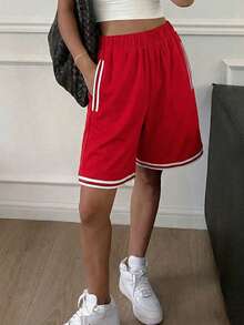 1件装 女童及青少年时尚撞色口袋速干涤纶红色沙滩短裤，适合室内、室外、游泳池、情人节、春夏穿着