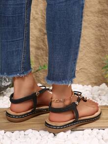 Flat Sandals, Colorblock PU Leather Thong Flat Beach Slippers, Summer - Black - View 8