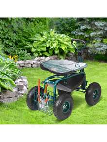 Garden Cart Rolling Workseat With Wheels, Gardening Stool For Planting, 360 Degree Swivel Seat, Wagon Scooter With Steering Handle & Utility Tool Tray, Use For Patio, Yard, And Outdoors, Green - Dark Green - View 1