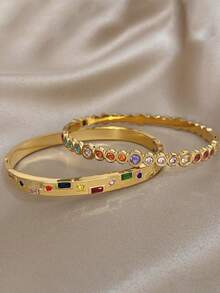 18K镀金不锈钢复古奢华多宝石手链套装，优雅彩虹珠宝，适合女性，母亲节礼物，派对、正式场合、日常佩戴、约会、嘉年华、新年、婚礼、海滩、圣诞节、周年纪念日、波西米亚风珠宝、伴娘礼物 - 彩色 - 查看 6