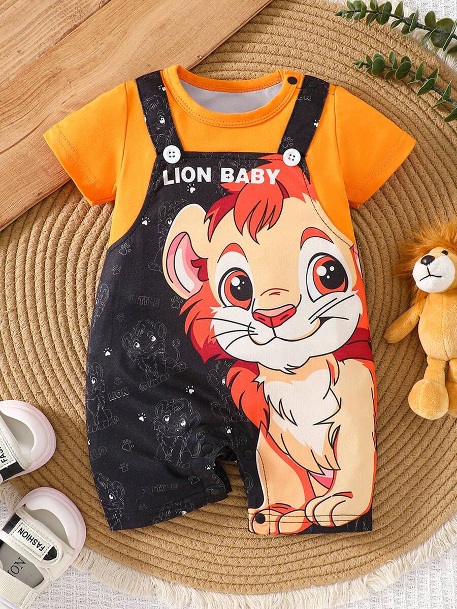 Baby Boy Cartoon Graphic Romper - Orange - View 1