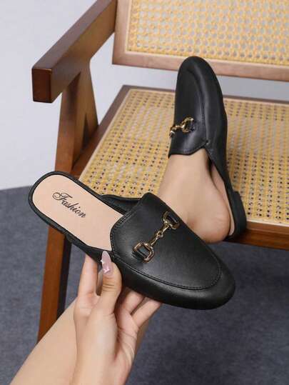 1 par de zuecos de tacón bajo negro, estilo casual y británico, ligeros y suaves, cómodos sandalias planas sin talón para primavera/verano para mujeres