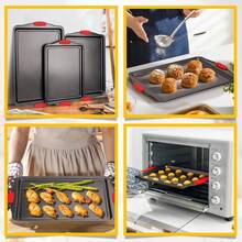 3 PiecesNonstick Kitchen Oven Baking Pans - Premium & Stylish Non-Stick Steel, Commercial Grade Restaurant Quality Metal Bakeware With Red Silicone Handles - Easy To Clean - Black - View 6