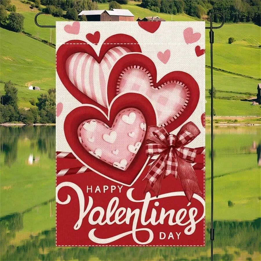 1pc Valentine'S Day Heart Garden Flag - Double-Sided Polyester Burlap, Seasonal Outdoor Holiday Decor, Machine Washable, 12x18 Inches - 1PC WW1382 - 查看 1