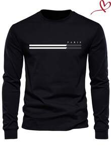 Men's Paris Graphic Print Cotton Long Sleeve Sweatshirt, Casual Crewneck Pullover Top, Solid Color Basic Tee With Striped Logo Design, Comfortable Loose Fit, Sizes S-XXXL, Fashion Streetwear For Daily Wear, Black - 黑色 - 查看 11