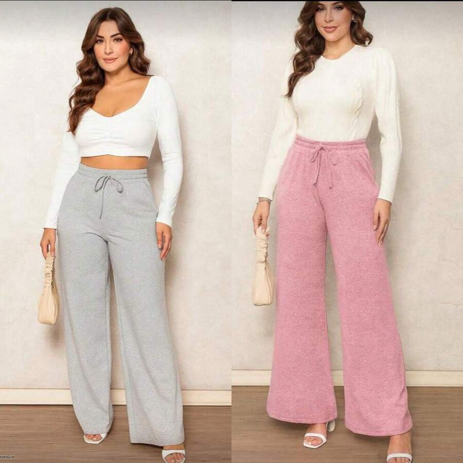 Kit Of 2 Women's Pants, Lanzinha Fashion, Winter/Summer, Wide-Leg Pants,  2026 - 粉灰色. - 查看 1